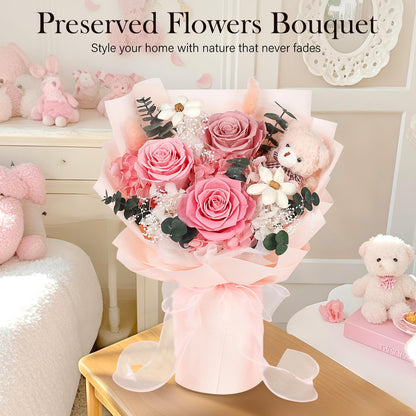 Preserved Flowers Bouquet with Bear, 3 Real Forever Flowers for Delivery, Long-Lasting Pink Eteranl Roses Bouquet, Mothers Day Gifts for Mom Grandma, Anniversary Birthday Gifts for Women Girlfriend