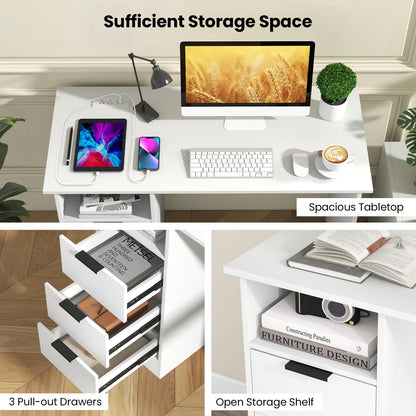Tangkula White Desk with 3 Drawers & Charge Station, Home Office Desk with Open Shelf, Study Writing Desk, PC Desk Computer Workstation, Modern Computer Desk for Bedroom, Study