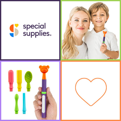 Special Supplies Buzz Buddy Oral Motor Stimulation Kit with 6 Soft Textured Interchangeable Heads, Calm Sensory Needs, Support Speech, and Stimulate Self Feeding, Gentle Vibrations (Purple)