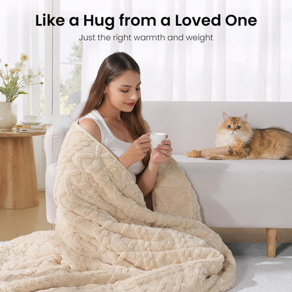 Weighted Blanket Queen Size 15lbs, Classy Soft Jacquard Sherpa Weighted Blankets for Sleep Natural and Calming, Fluffy Cozy Sofa Bed Blanket for Winter, Beige, 60 x 80 inches