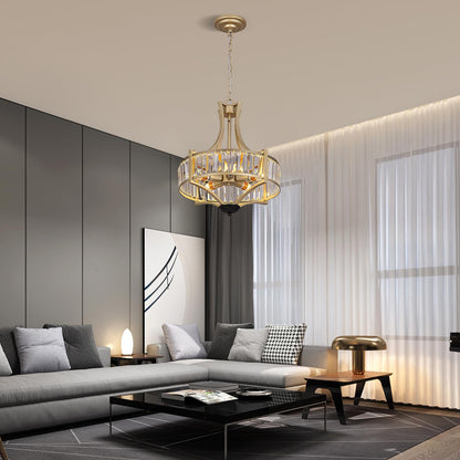 Kaniker 5-Light Crystal Chandelier Ceiling Light Fixture with Adjustable Height, Gold Drum Pendant Light for Dining Room Light Fixture, Kitchen Island, Bedroom, Living Room, Elegant Modern Lighting