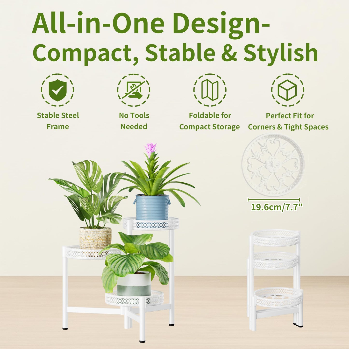 NQW 3 Tiered Tall Plant Stand Indoor Outdoor, Metral Plant Shelf for Corner Display Rack, Multi-Tier Folding Planter Pot Holder Flower Stand for Living Room Balcony Garden Patio - WhiteWave