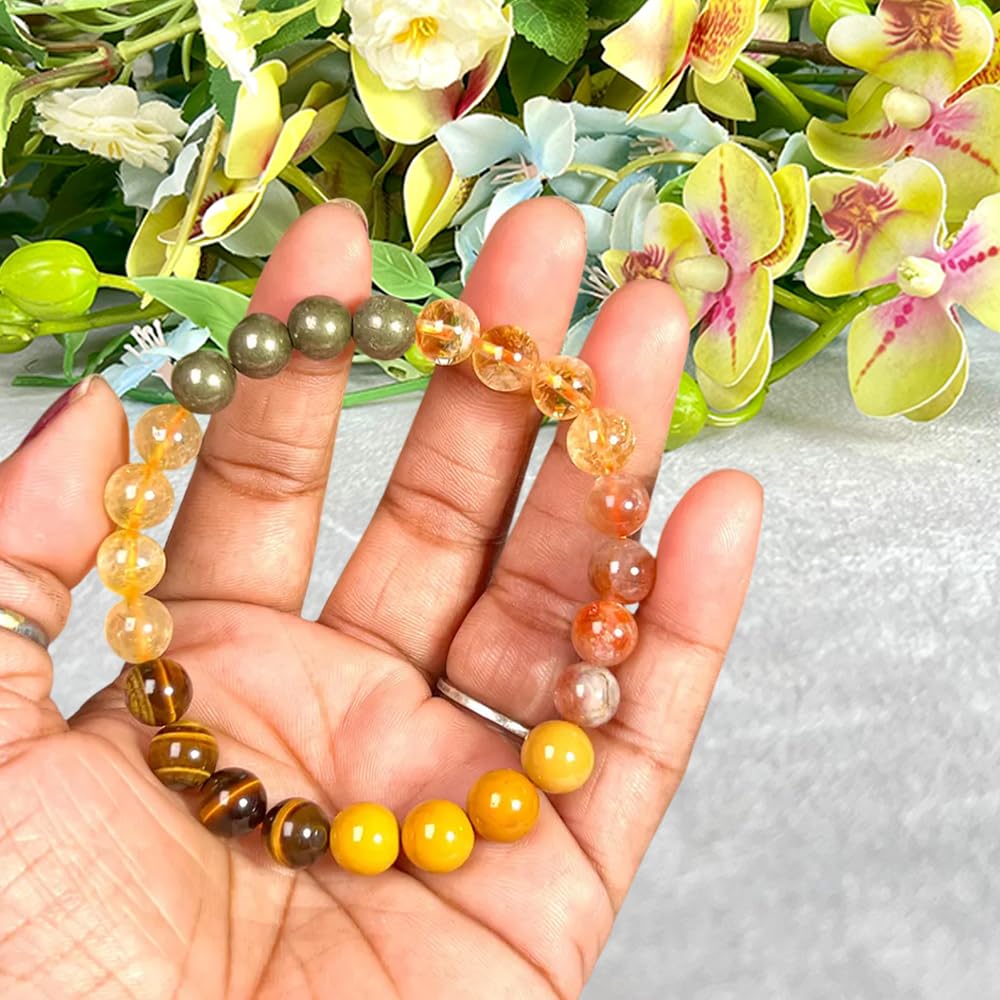 Solar Plexus Chakra Crystals Carnelian, Citrine, Tiger Eye, Peach Moonstone Round Beaded Stretchable Bracelet