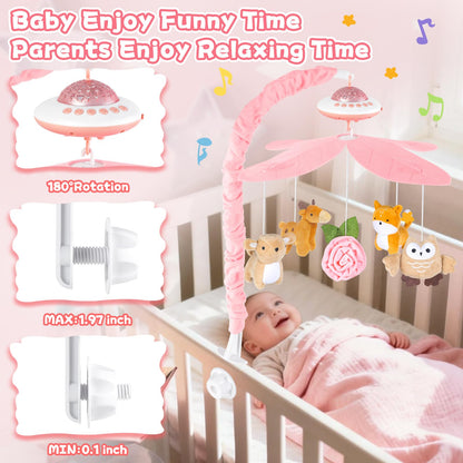 Playix Baby Crib Mobile with Music and Lights, Nursery Baby Mobile for Crib Bassinet with Remote Control, Rotation, Starlight Projection, Crib Toys for Babies Boys Girls Pink