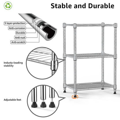 M MZG 450 lbs Wire Storage Shelving 3-Tier Utility Shelving Unit Steel Organizer Wire Rack for Home,Kitchen,Office,Chrome(11.8" D x 17.7" W x 26.4" H)