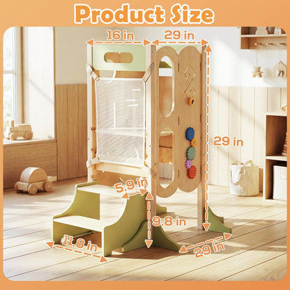 XYMERO 6 in 1 Toddler Tower with Removable Ladder, Foldable Wooden Kitchen Step Stool for Kids, Adjustable Children Helper Tower for Baby, Standing Tower with Safety Equipment and Black Board