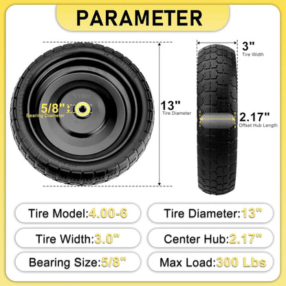 13" Flat Free Wheels for Gorilla Carts, 4.00-6 Solid Tires with 5/8" Bearings & 2.17" Offset Hub, Replacement for Garden Carts, Hand Truck, Yard Trailer, 2 Pack | Vypart
