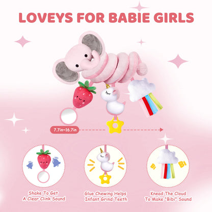 Spiral Car Seat Toys for Baby Girls 0-6 Months, Cute Pink Elephant Strawberry Stuff, Perfect Newborn Shower Gifts for Girls Essentials