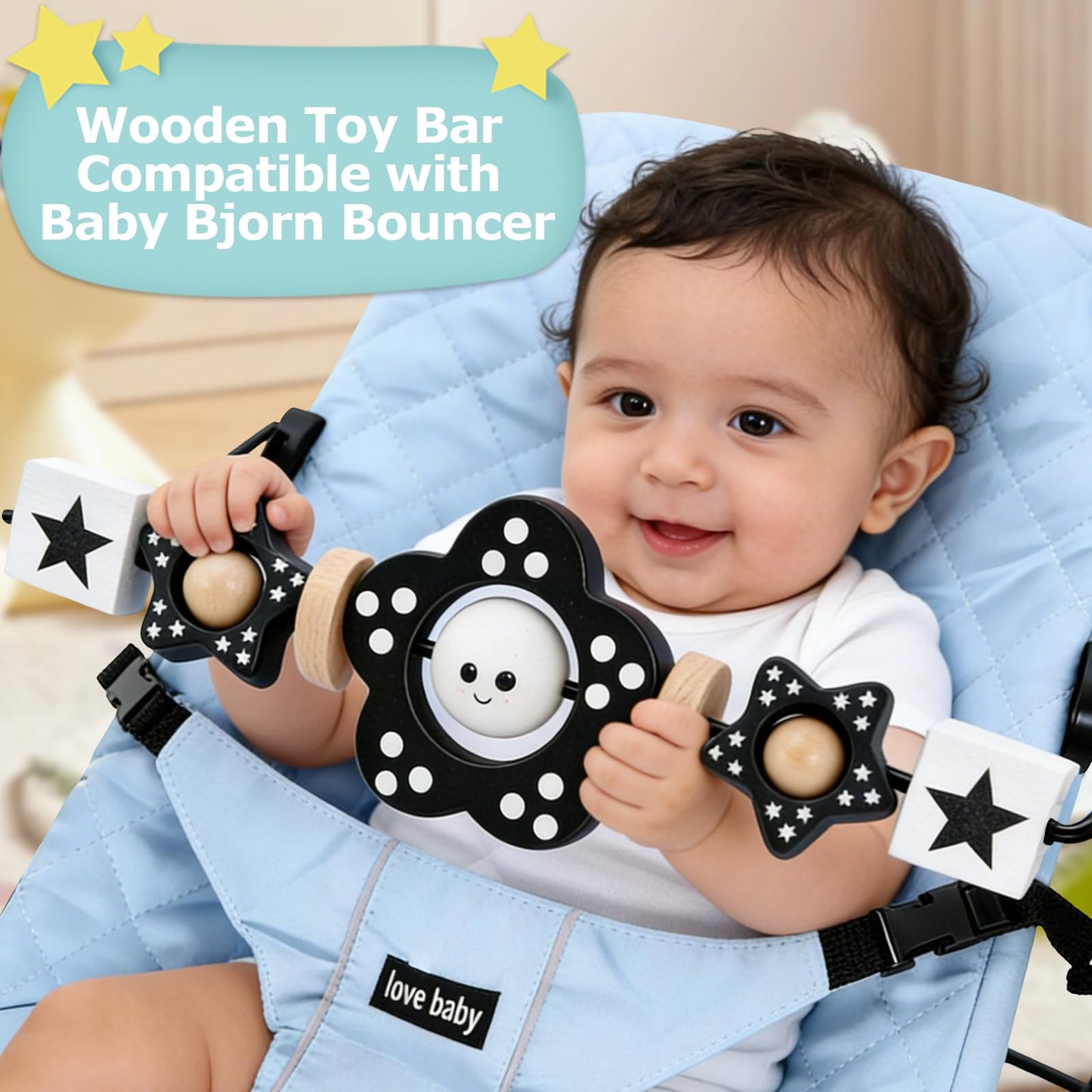 Welgep Wooden Baby Bouncer Toy Bar Attachment, Sensory Toy for Newborn to Toddler Boys Girls, Easy Install & Remove, Baby Bjorn Compatible (Black)
