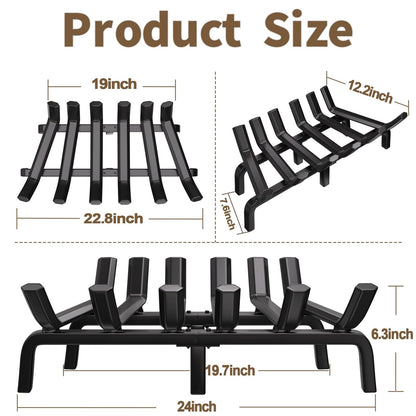 AMAGABELI GARDEN & HOME Fireplace Grate Log Holder 24 Inch Firewood Burning Rack Heavy Duty Wrought Iron Solid Steel for Chimney Hearth Fire Pit Outdoor Kindling Tools Wood Stove Accessories
