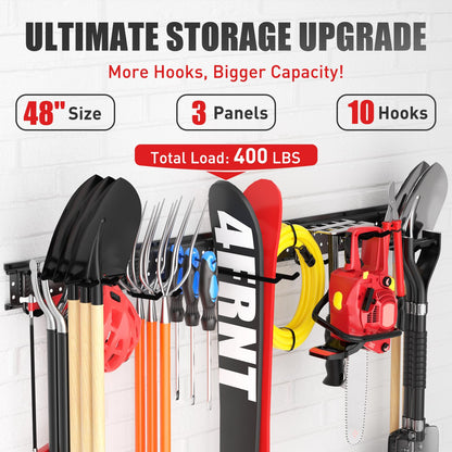 ZICANYCO Garage Tool Organizer Wall Mount 48 inches with 10 Adjustable Heavy-Duty Hooks, Garage Organization, Garden Tool Storage Rack, Yard, and Shed, Holds Up to 400 lbs