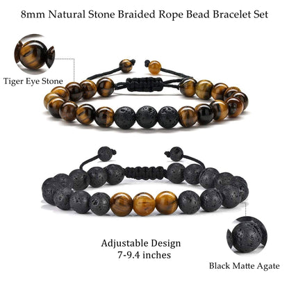 M MOOHAM Bracelets for Men - Beaded Natural Tiger Eye Bracelets for Men Black Lava Rock Stone Chakra Mens Anxiety Bracelet Adjustable Aromatherapy Oil Diffuser Jewelry Gifts