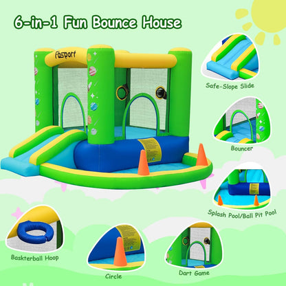FBSPORT Inflatable Bounce House, Kids Bounce Castle Slide for Indoor Outdoor,Toddler Baby Jumper Bouncer, Kids Jumping Bouncy House with Blower, Ball Pit Pool, Basketball Hoop, Dart Game, Green