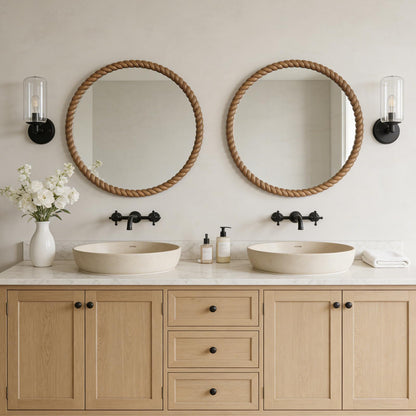 WallBeyond 30" Round Mirror with Rope-Design Frame, Large Circle Wall Mirror for Bathroom, Bedroom, Entryway & Living Room, Natural