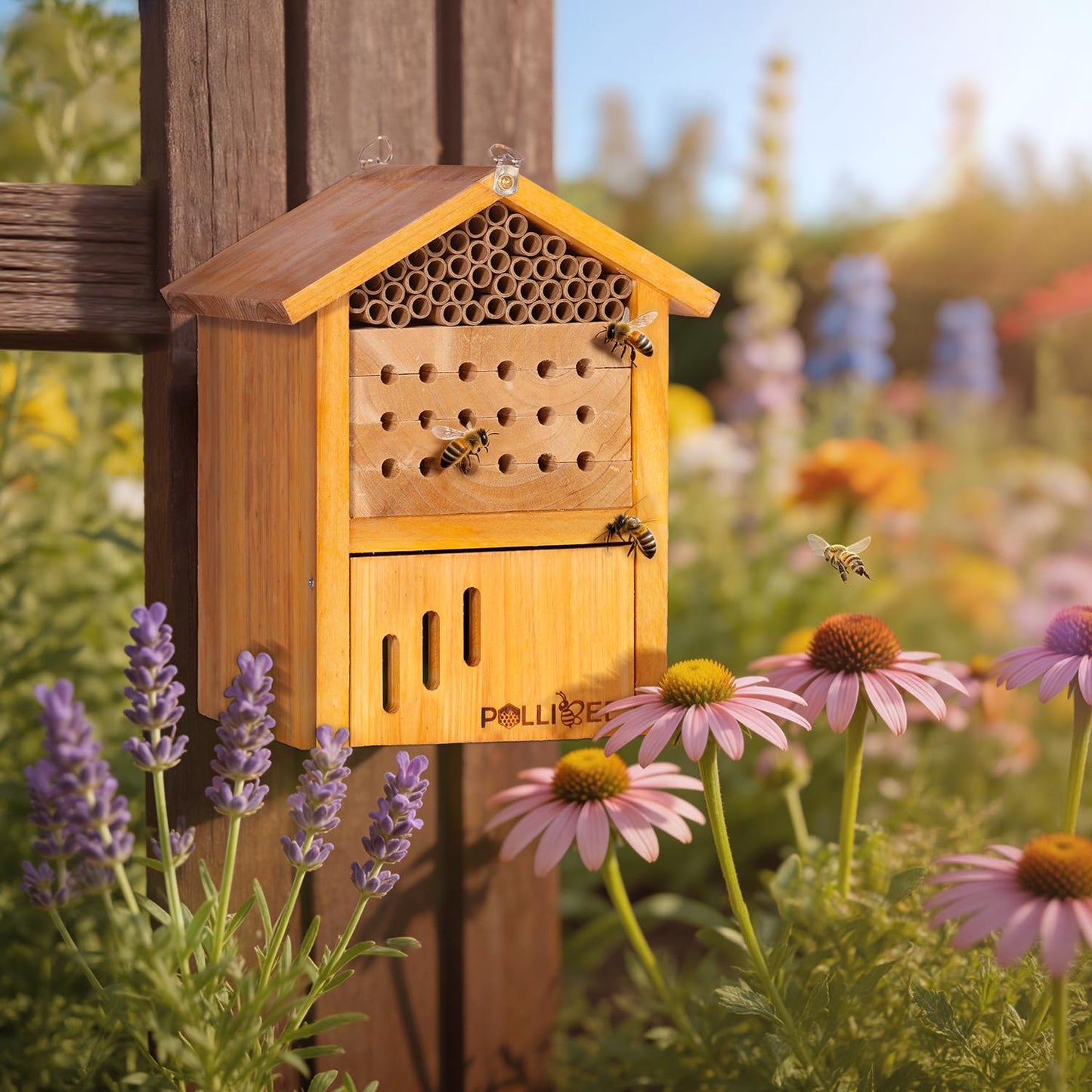 Mason Bee House -Wax Coated Mason House for The Garden, Natural Handmade Wooden Waterproof Mason Home, Attracts Peaceful Bee Pollinators,Native Mason Bee Habitat