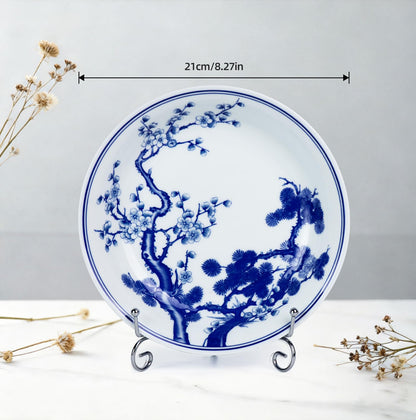 KAMMAK Decorative Plates for Display, White and Blue Ceramic Plate Decor with Stand, Handmade Art Porcelain Ornament for Table, Living Room, Kitchen, Office, Perfect 8in Chinese Style Dish Gift（954N）