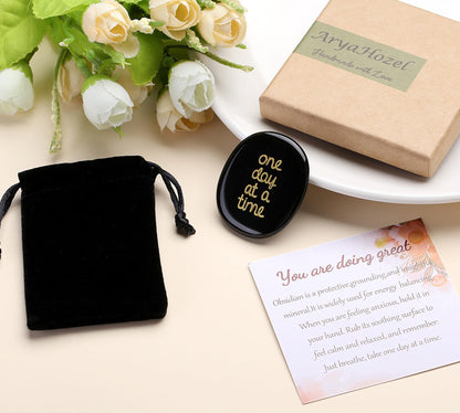 QINJIEJIE One Day at A Time Black Obsidian Worry stone Healing Crystal Thumb Stone Thinking of You Gifts for Anxiety Relief Items You Got This Inspirational for Friend Encouragement Gift for Women Men