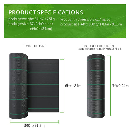 mychoiii 6ft x 300ft Weed Barrier Landscape Fabric, 3.5oz Heavy Duty Woven Ground Cover, 1800 Sq Ft Coverage Geotextile Weed Cloth for Gardening, Driveway, French Drain - UV Resistant