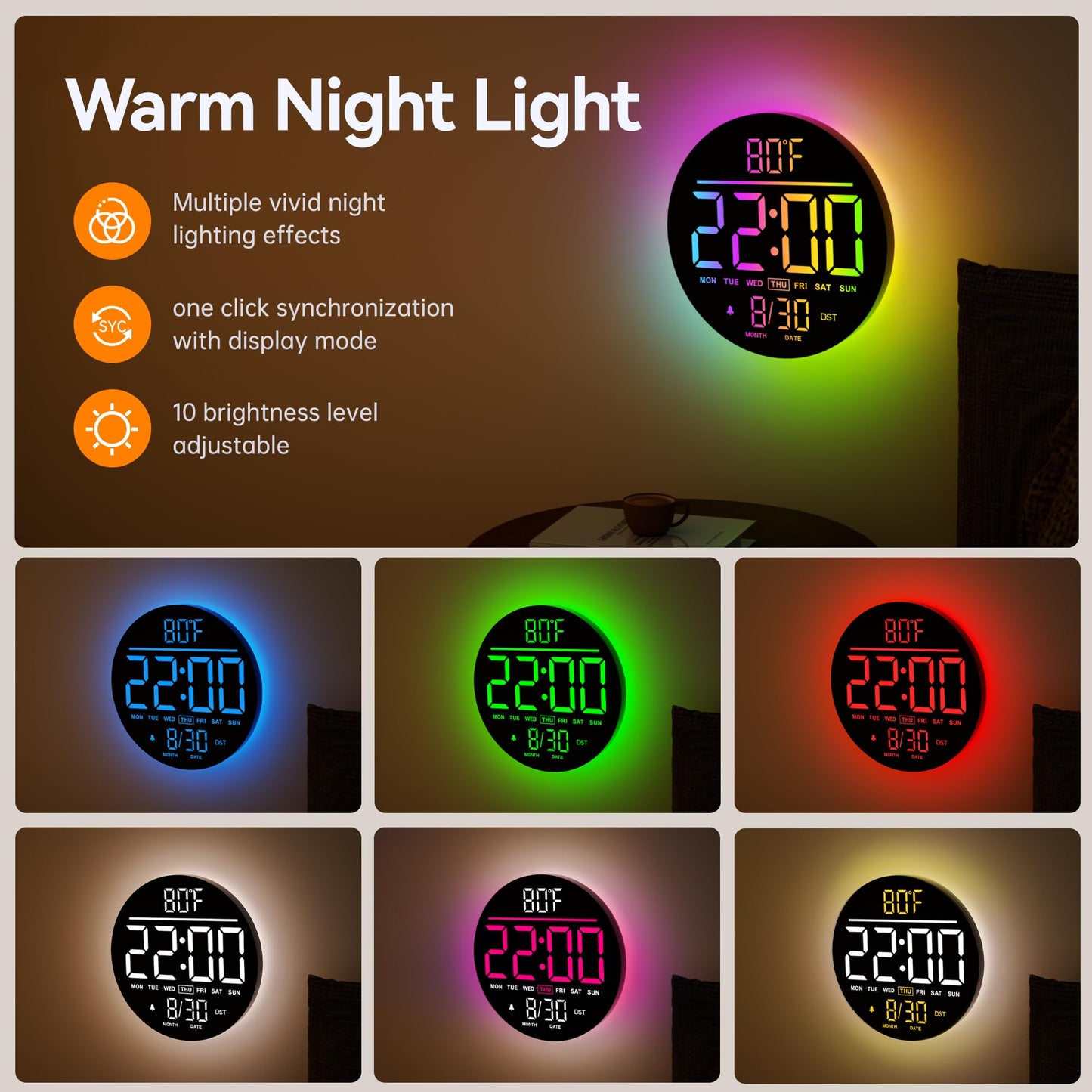 JALL 10" Large Digital Wall Clock with Seconds, Alarm Countdown Timer, Big LED Display, RGB Color, DST, Temperature, Mounted for Bedroom Living Room Office Classroom Gym, Xmas Birthday Gift, Blue