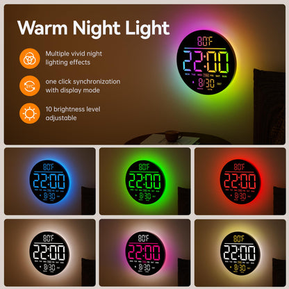 JALL 10" Large Digital Wall Clock with Seconds, Alarm Countdown Timer, Big LED Display, RGB Color, DST, Temperature, Mounted for Bedroom Living Room Office Classroom Gym, Xmas Birthday Gift, Blue
