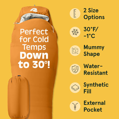 Retrospec Dream Mummy Sleeping Bag - 30°F Camping & Travel Essential Gear with Water - Resistant Shell & Synthetic Fill - Zippered Pocket & Stuff Sack