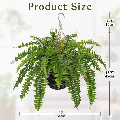 Hollyone Artificial Fern Hanging Basket Plant 25" Boston Ferns 31 Leaves Greenery Plants with Rattan Pot for Outdoors & Indoor Fake Fern Bush Plant in Pot for Patio Entrance Porch Garden Decor Green