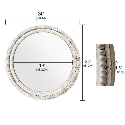 dwellington Rustic Round Wall 24 Inch Wood Circle Mirror with Beads, Decorative Farmhouse Mirror for Living Room, Bedroom, Kitchen, Entryway (White)