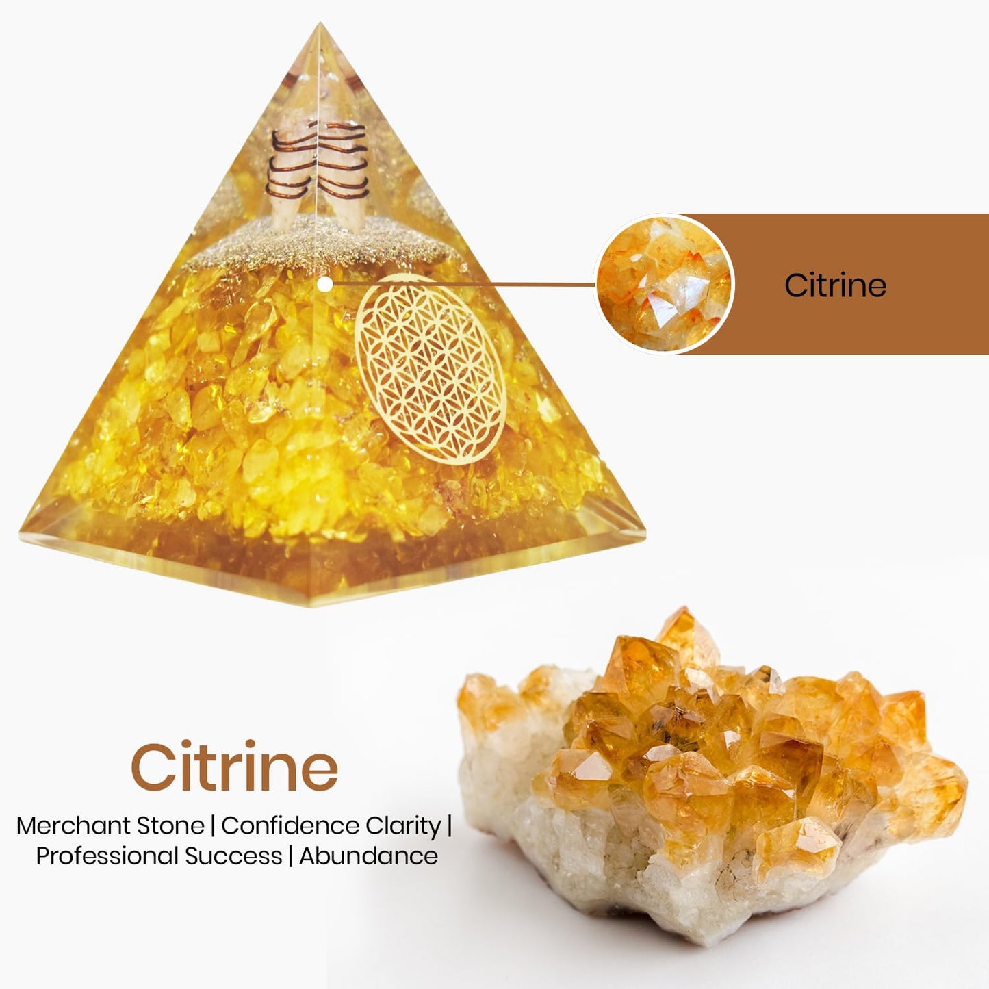Real Crystal Citrine Orgonite Pyramid, Healing Crystal Pyramid, Pyramid Crystal Gemstone Pyramid for Meditation, Motivation, Positivity - Handmade in India