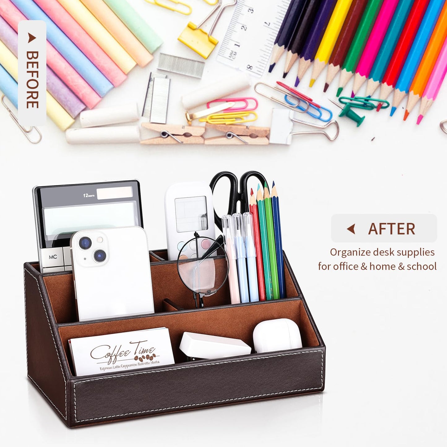 KINGFOM 5PCS Desk Organizer and Accessories Set, Pu Leather Office Supplies with Multifunction Desktop Organizer Storage Box, Tissue Holder, Mouse Pad, Note Paper Holder, Pencil Holder for Desk Brown