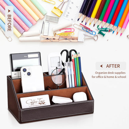 KINGFOM 5PCS Desk Organizer and Accessories Set, Pu Leather Office Supplies with Multifunction Desktop Organizer Storage Box, Tissue Holder, Mouse Pad, Note Paper Holder, Pencil Holder for Desk Brown