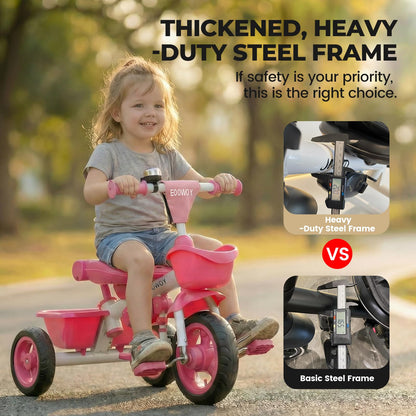 EOOWOY Toddler Tricycle with Push Handle, 7 in 1 Stroller Trike with 360° Swivel Seat, Reclining Backrest, All-Terrain Wheels, Dual Brakes, Canopy & Storage, Gift for Kids 18 Months to 5 Years, Pink