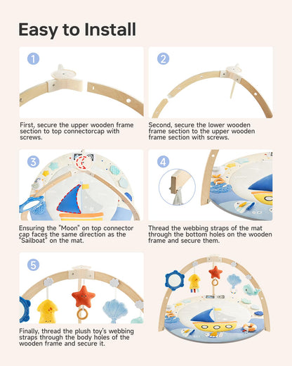 BG-BABYGO Baby Play Gym Activity Mat, 5 Developmental Zones Wooden Tummy Time Mat with 7 Detachable Sensory Toys for Motor Skills & Sensory Development, Baby Essentials Shower Gift, Easy to Install
