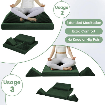 PRIMEPATIO Meditation Cushion Set, Meditation Pillow for Sitting on Floor, Large Yoga Pillow with Knee Support, Washable Zafu Meditation Mat, 3 Shapes Floor Pillow for Adults, Green