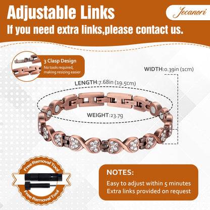 Jecanori Pure Copper Bracelets for Women, Heart Crystal Magnetic Bracelets for Women with 3800 Gauss Ultra Magnets and Sizing Tool