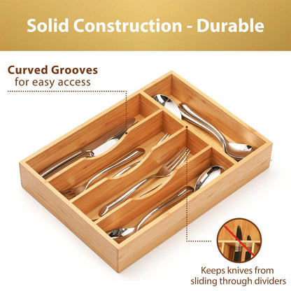 Umilife Bamboo Kitchen Drawer Organizer, 8.25 Inch Silverware Utensils Tray Holder for Small Drawer, Wood Caddy for Flatware Cutlery Knives