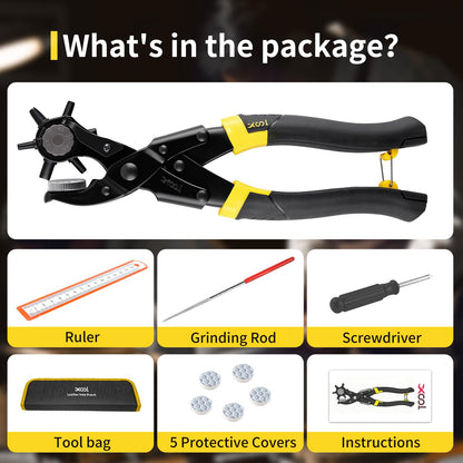 XOOL Round & Oval Leather Hole Punch Set, Upgraded Long Handle Revolving Punch Plier Kit for Belts, Watch Bands, Straps, Dog Collars, Saddles, Shoes, Fabric, DIY Home & Leather Craft Project