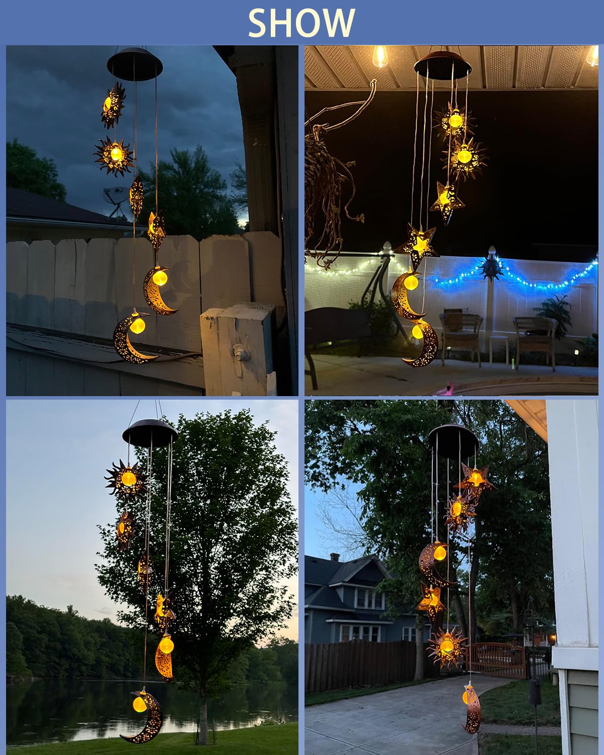 Tryme Solar Wind Chimes for Outside with Sun Moon Star Solar Hanging Lights Windchimes Outdoors Garden Decor Gifts for Mother, Grandma, Sister