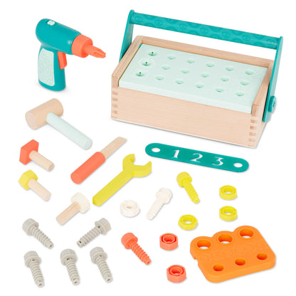 B. toys – Fix ‘n’ Play Kit – Pretend Play Tool Box – Wooden Toolbox & Accessories (25 Pieces) – Carpenter Set for Kids – Play Set with Drill, Hammer, Screwdriver & More – 3+ Years