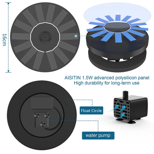 AISITIN 2 x 1.5 W DIY Solar Powered Garden Fountain with 6 Nozzles Effects for Ponds, Bird Bath, Aquarium, Garden Fountain