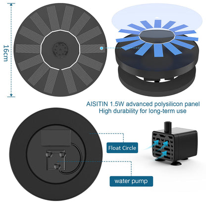 AISITIN Solar Bird Bath Fountain with 6 Nozzles, Solar Powered Floating Water Fountain Pump for Bird Bath, Pond, Pool, Garden, Fish Tank and Outdoor