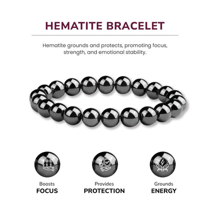 Hematite Bracelet for Women | Natural Real Hematite Stone 8mm Beaded Bracelet | Grounding Crystal Jewelry Gift for Her - Elastic Adjustable Size
