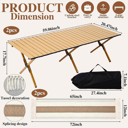 Novabright 20 Pcs Picnic Kit Folding Picnic Table 59'' x 20.5'' Large Outdoor Boho Blanket 91'' x 71'' Beige Table Runner 6 Floor Pillows Cushions Woven Cotton Oversize Washable for Camp Wedding