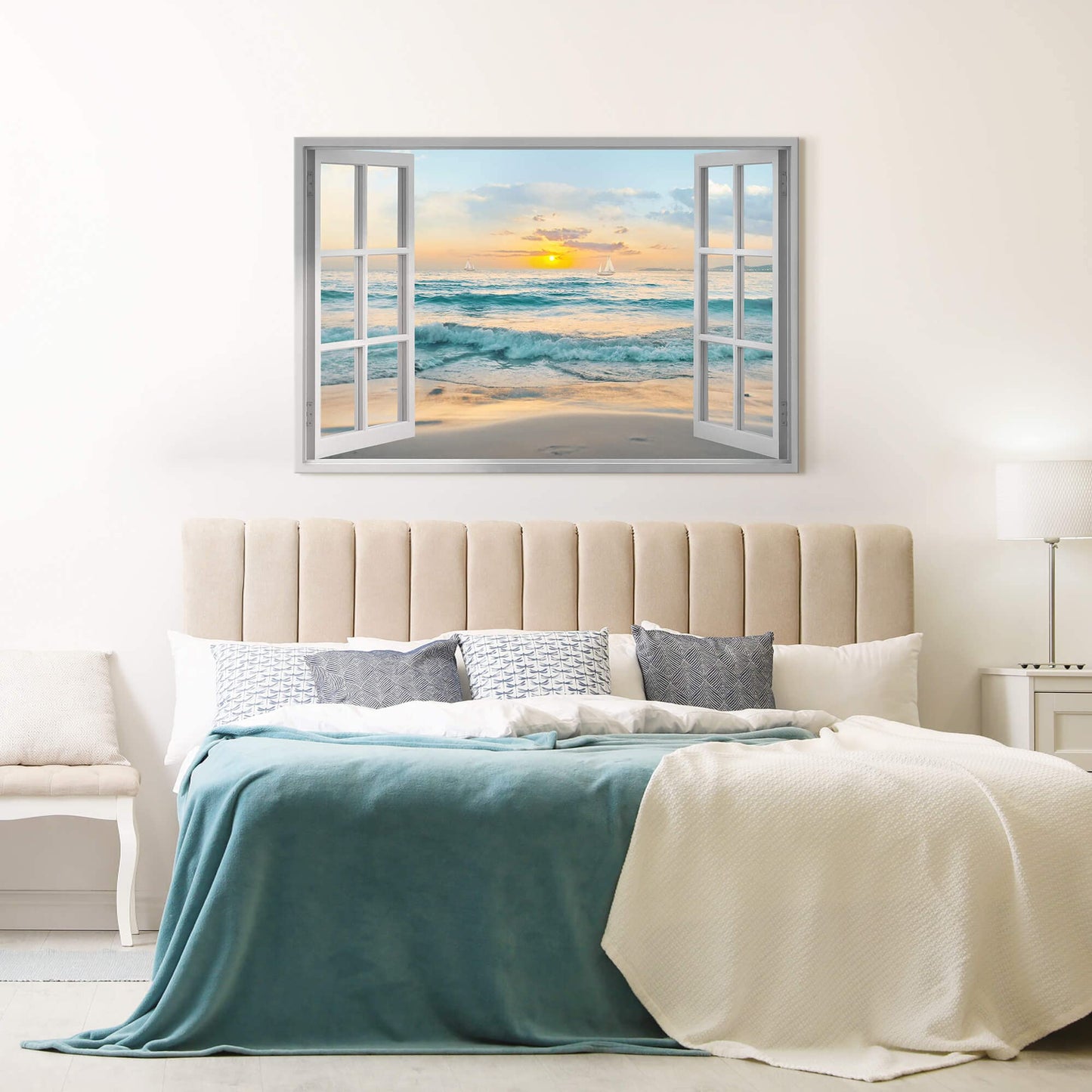 Window View Canvas Wall Art: Open Window Beach Coastal Sailboats Picture Large Blue Ocean Waves Artwork Natural Sunset Seascape Prints Modern Sea Scenery Painting for Bedroom Bathroom Home Office