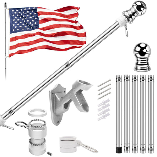 5 FT Flag Pole kit and American Flag 3x5ft with Pole Kit for Outside, Heavy Duty Flag Pole 5FT with 3x5ft American Flag, Stainless Steel Aluminum Multi-Position Flag Pole with Bracket Holder (silver)
