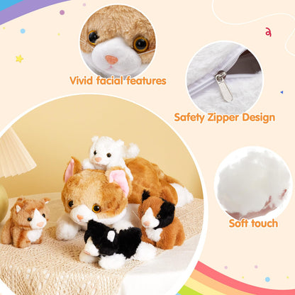 WEWILL 15'' Cat with Kittens Stuffed Animals, Mommy Plush Toy with 4 Baby Kittens, Cute Surprise for Imaginative Play, Cozy Magical Plushie for Girls, for Kids and Cat Lovers
