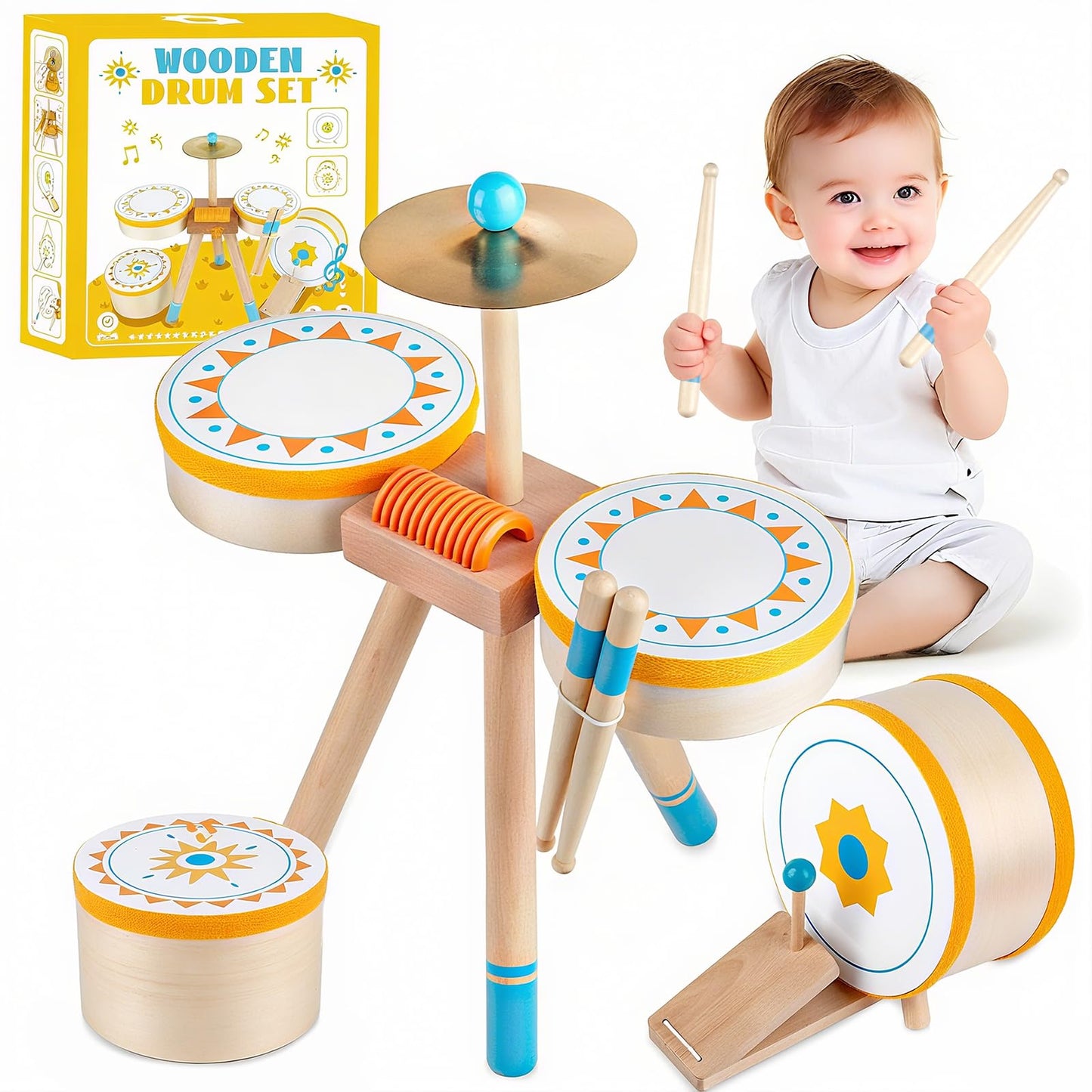 Toddlers Drum Set Toy for 3 Years Old ,Kids Wooden Jazz Drum for Toddlers Montessori Musical Instruments for Boy Girl, Percussion Set Baby Musical Toys, Birthday Gift for 3+ Kids Baby