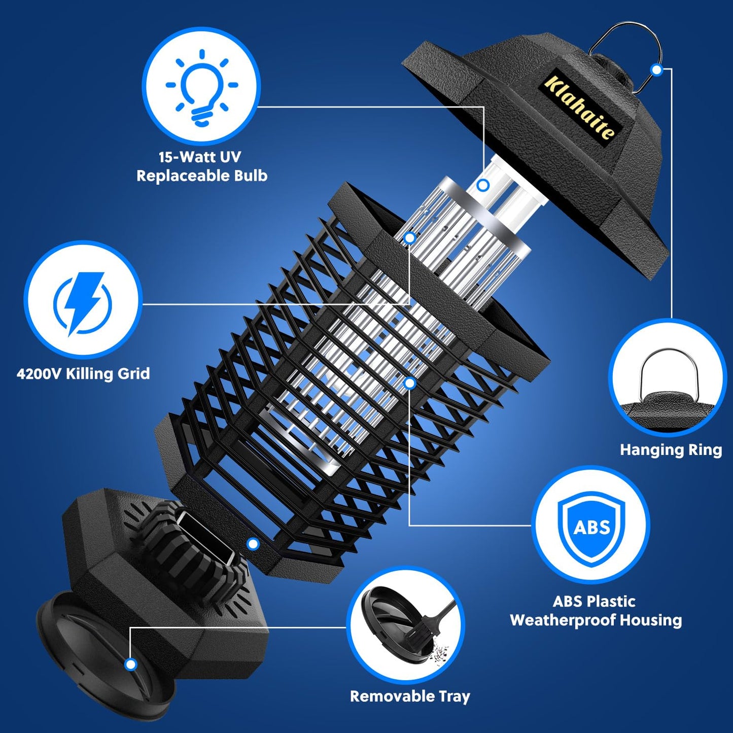 Klahaite Bug Zapper Outdoor, Electric Mosquito Zapper, Fly Zapper Indoor Fly Traps, Mosquito Repellent Outdoor Patio and Backyard Covers 1/2 Acre, 3 Prong Plug, 4200V, ABS Fireproof Plastic Outer