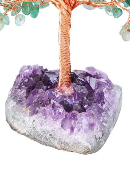Jovivi Natural Green Aventurine Healing Crystal Money Tree on Amethyst Cluster Geode Druzy Base Feng Shui Crystals for Home Office Desk Decorations, Wealth, Good Luck