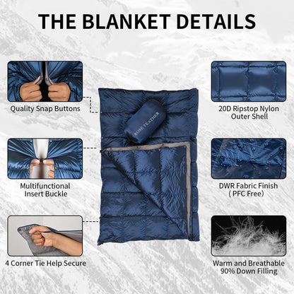 ROSE FEATHER Down Camping Blanket, Lightweight Outdoor Travel Blanket, Puffy Sleeping Bag Blanket, Waterproof Packable Backpacking Quilt for Camping,Travel, Airplane,Hiking,Picnic, 55''x79'' (Blue)