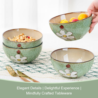WHITEPEONY 28oz Ceramic Bowls Set of 4 for Kitchen, 6 Inch Hand-painted Floral Serving Bowls, Dishwasher Microwave Oven Safe, for Salad, Pasta, Ramen, Rice & Dessert, Breakfast Lunch Dinner, Green